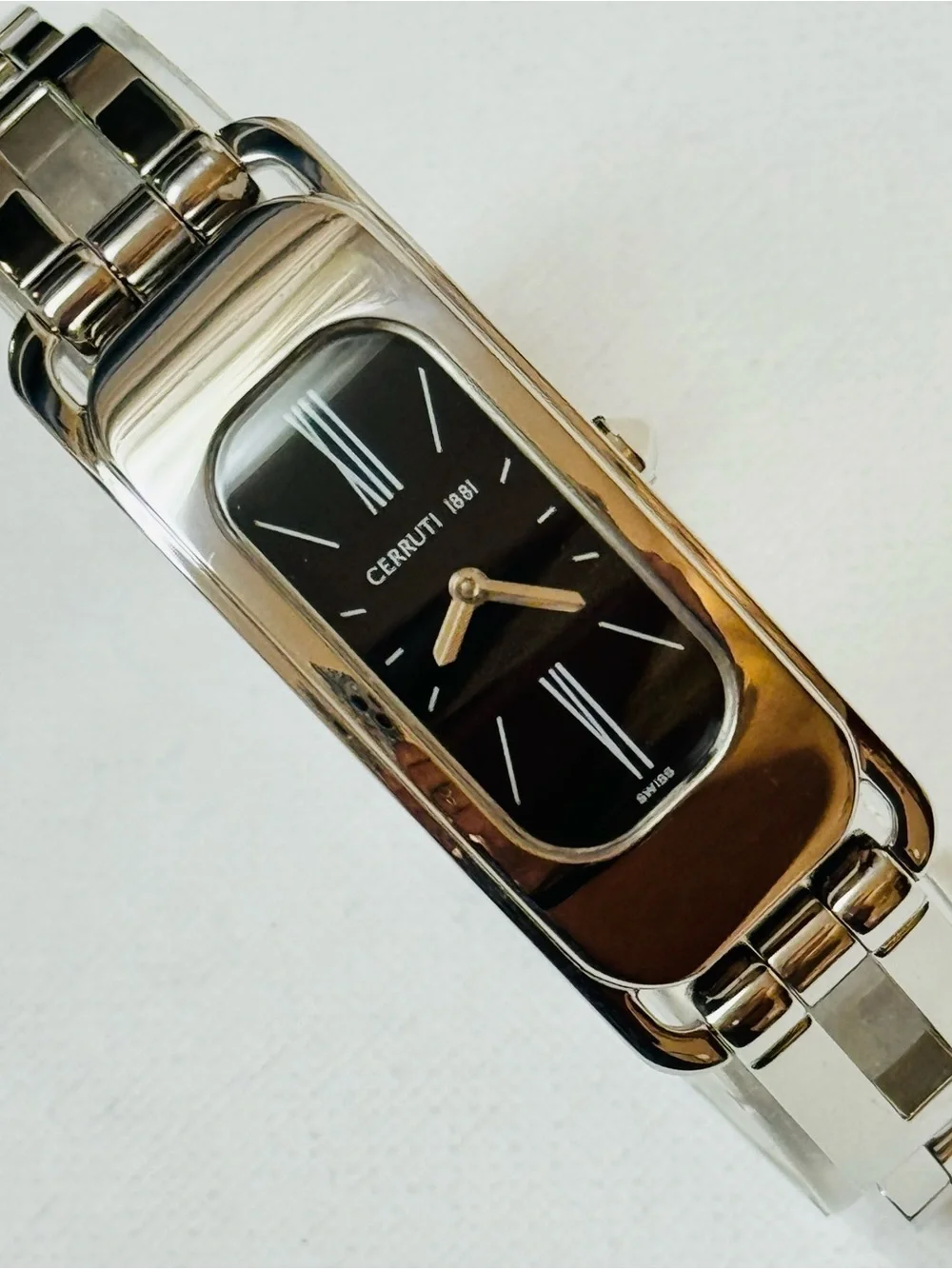 Cerruti 1881 C Wave Black Dial Women's Silver Curved Tank Bracelet Watch 61202